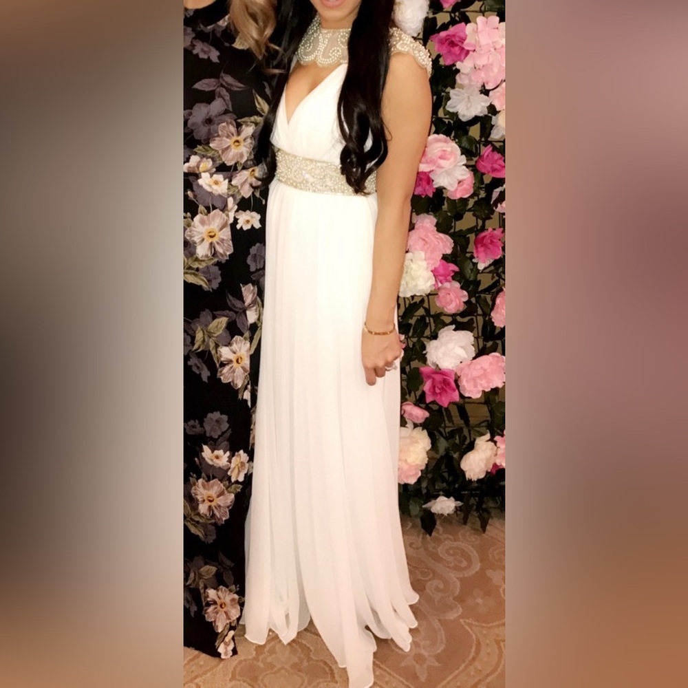 Grecian white gown with gold and beading/pearl/crystal details. Size 2.